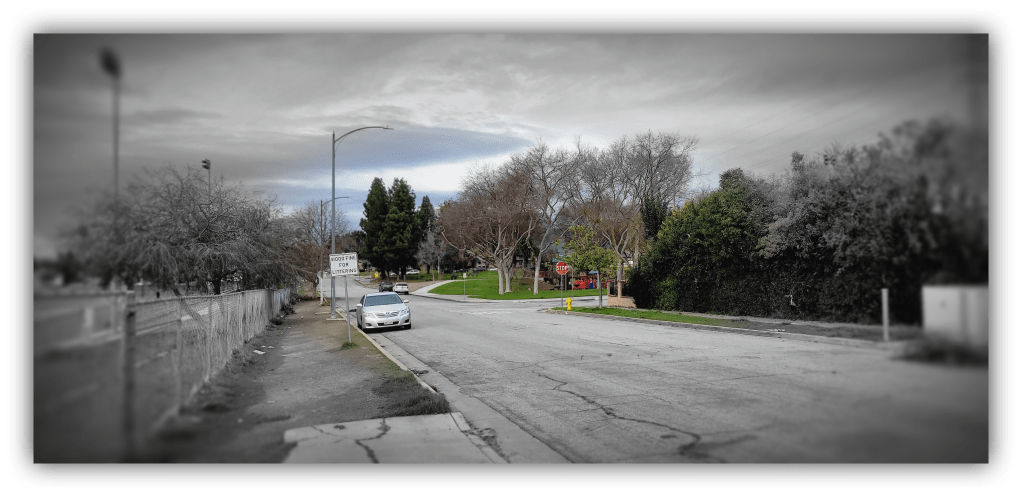 A picture of a park, and the streets surrounding it. The center has color, whereas the surrounding areas are black and white.